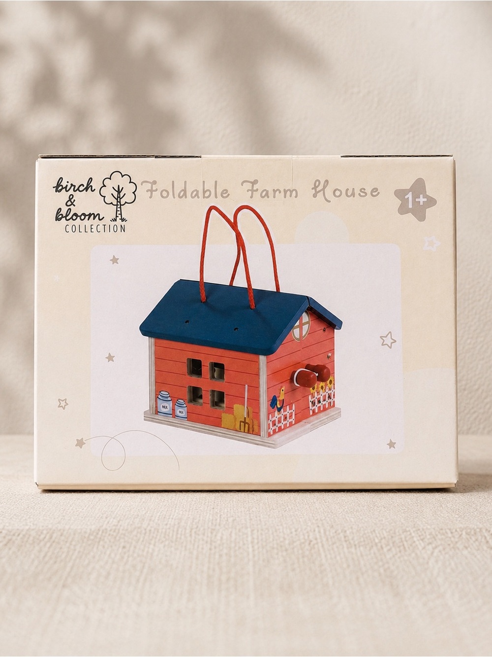 Birch & Bloom Foldable Farm House Toy - Red with Blue Roof